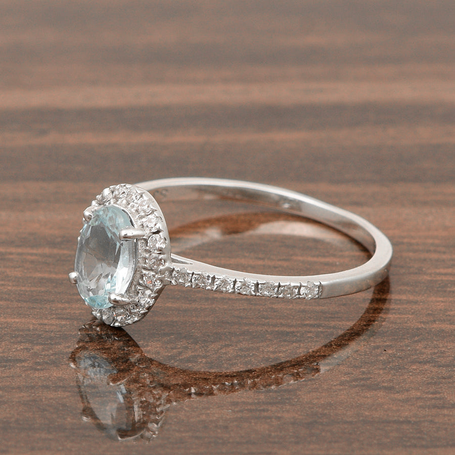 Swiss Blue Topaz Solitaire Halo Ring - Sterling Silver