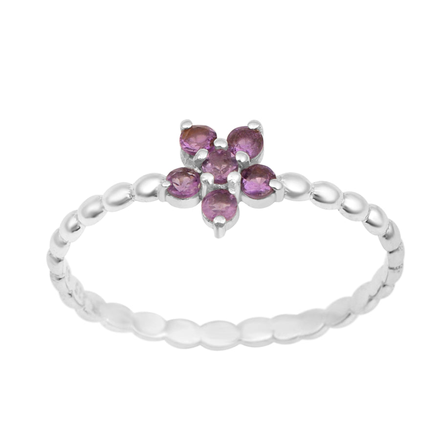 Amethyst Floral Beaded Band Ring - Sterling Silver