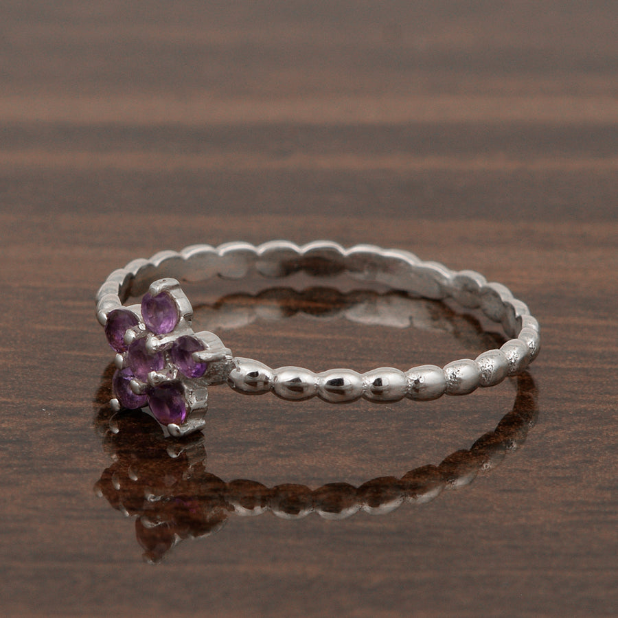 Amethyst Floral Beaded Band Ring - Sterling Silver