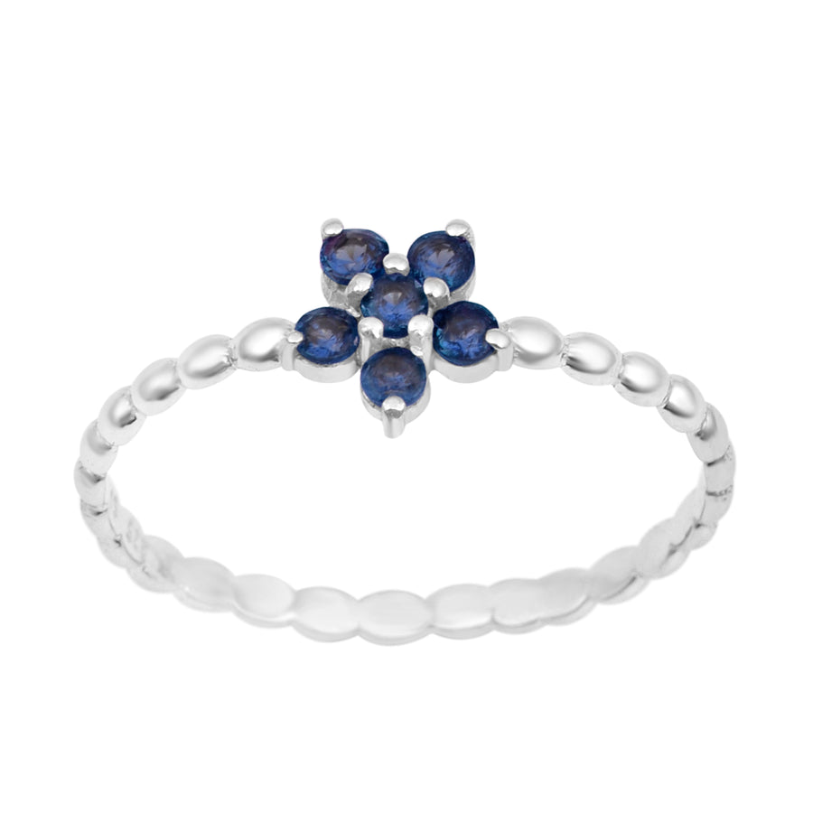 Blue Sapphire Floral Beaded Band Ring - Sterling Silver