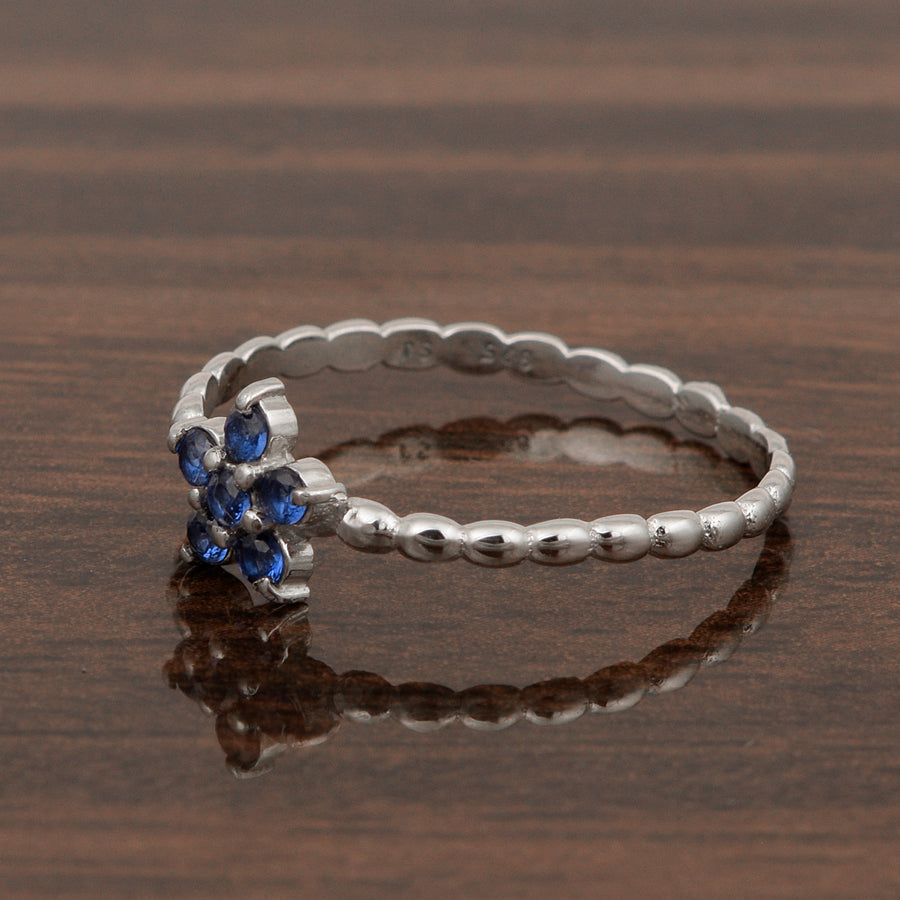 Blue Sapphire Floral Beaded Band Ring - Sterling Silver