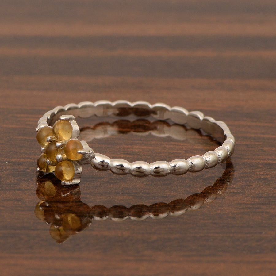 Citrine Cabochon Floral Beaded Band Ring - Sterling Silver