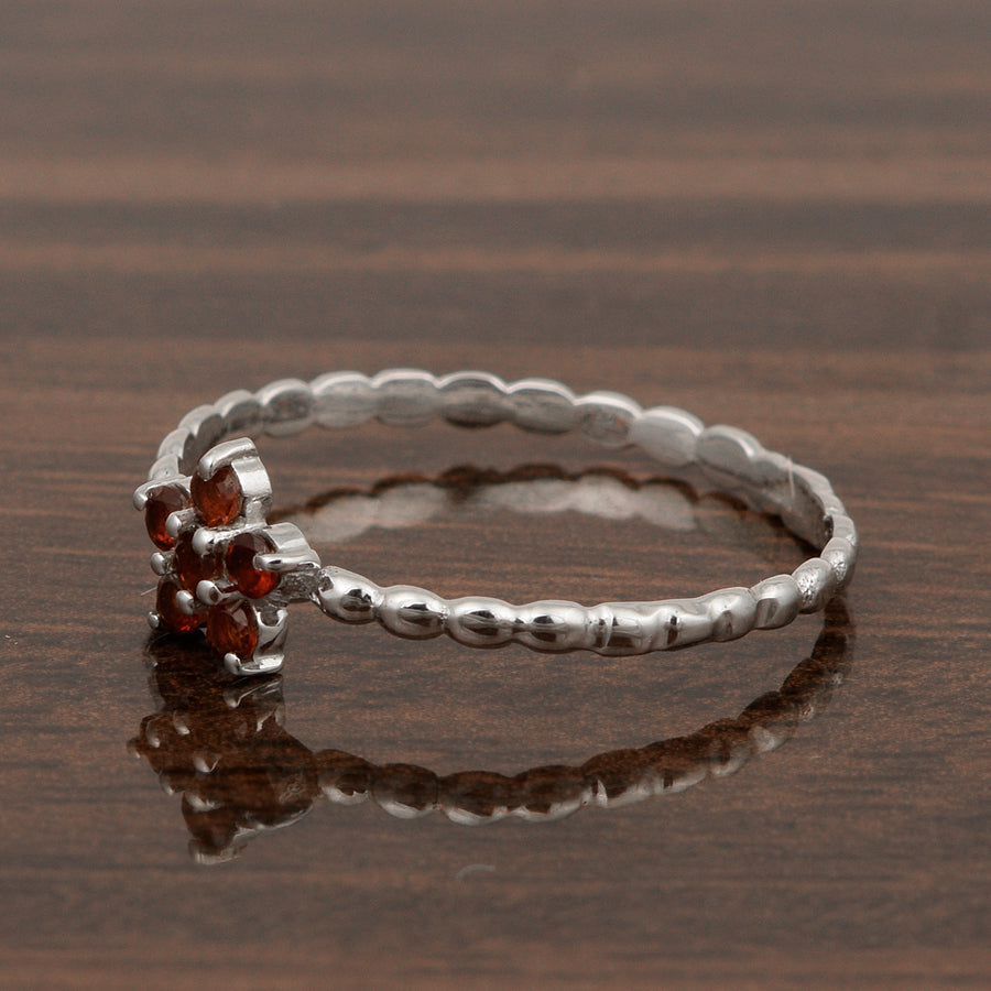 Garnet Floral Beaded Band Ring - Sterling Silver