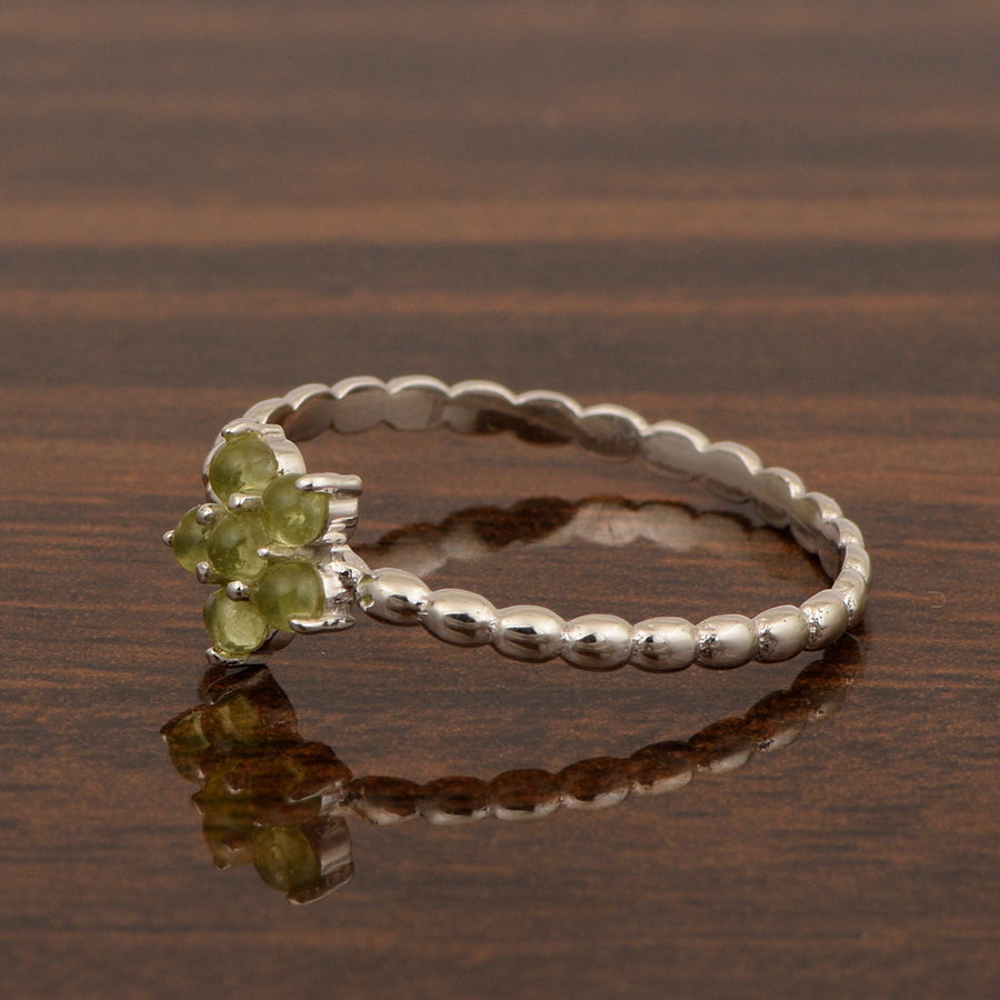 Peridot Cab Floral Beaded Band Ring - Sterling Silver