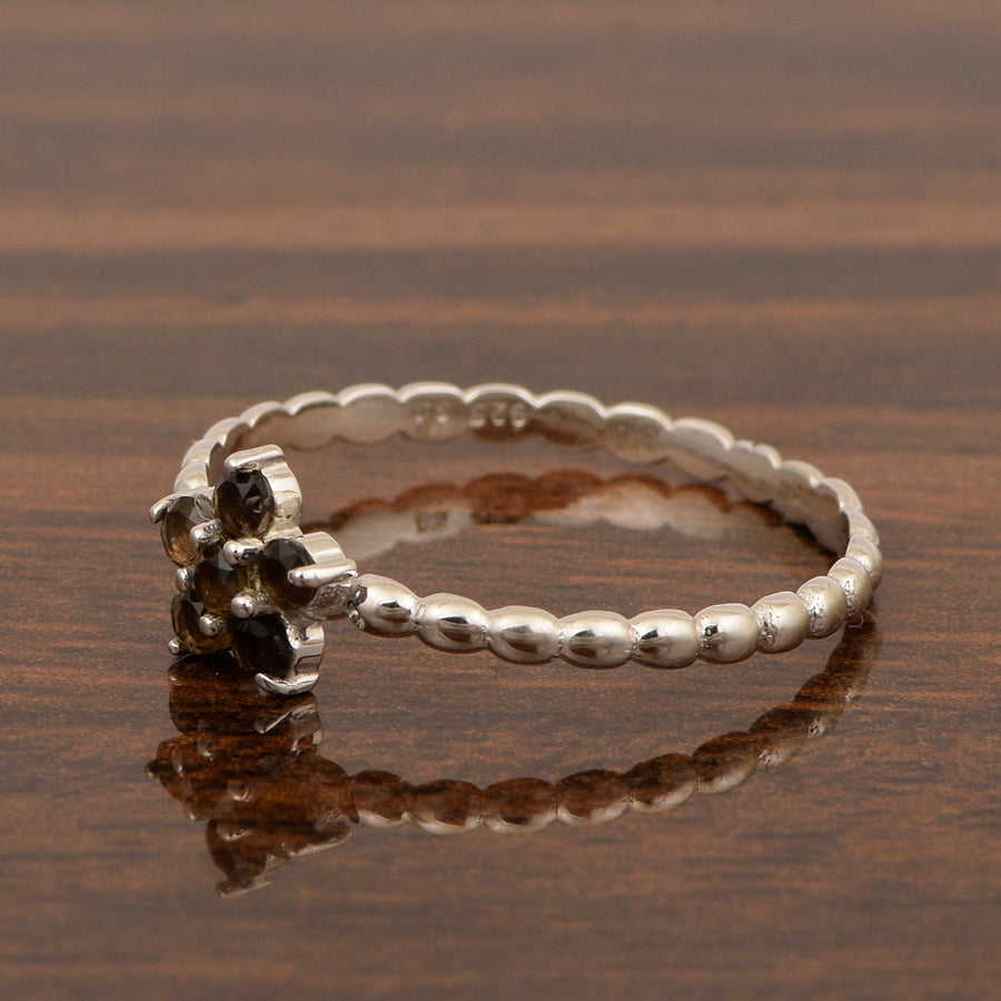 Smoky Quartz Floral Beaded Band Ring - Sterling Silver