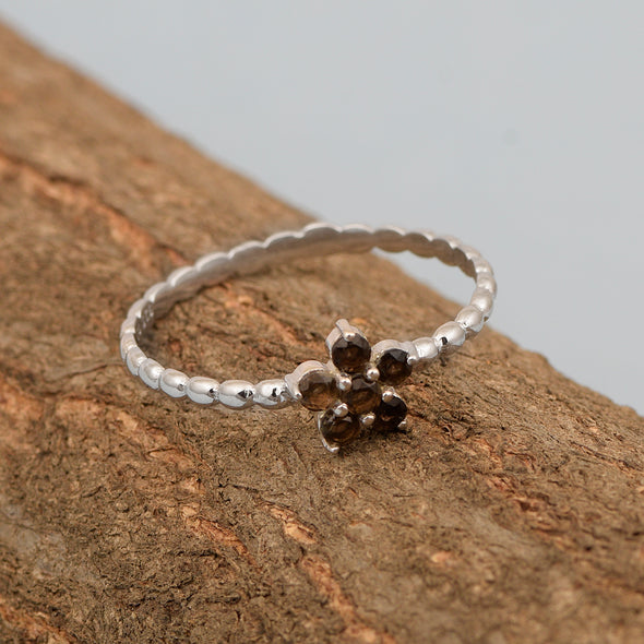 925 Sterling Silver Round 0.25 Ctw Smoky Quartz Stackable Women Ring - Kimaya INC