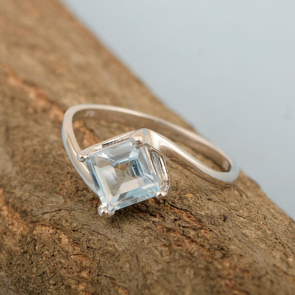 Princess Cut Square 5mm Aquamarine 925 Sterling Silver Wedding Ring - Kimaya INC