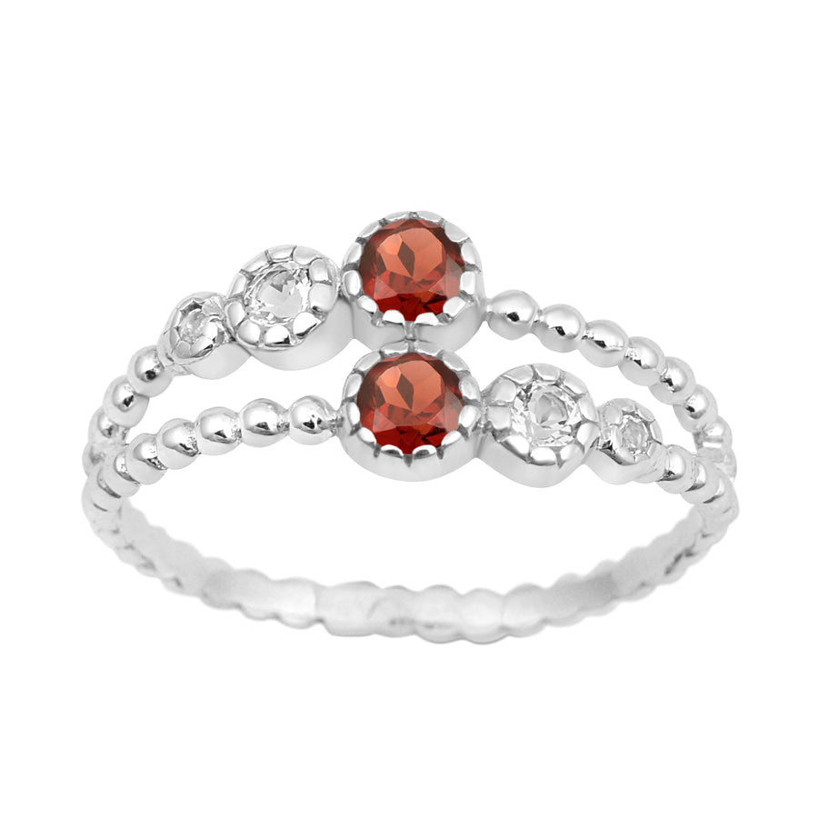 Garnet Double Row Beaded Band Ring -Sterling Silver