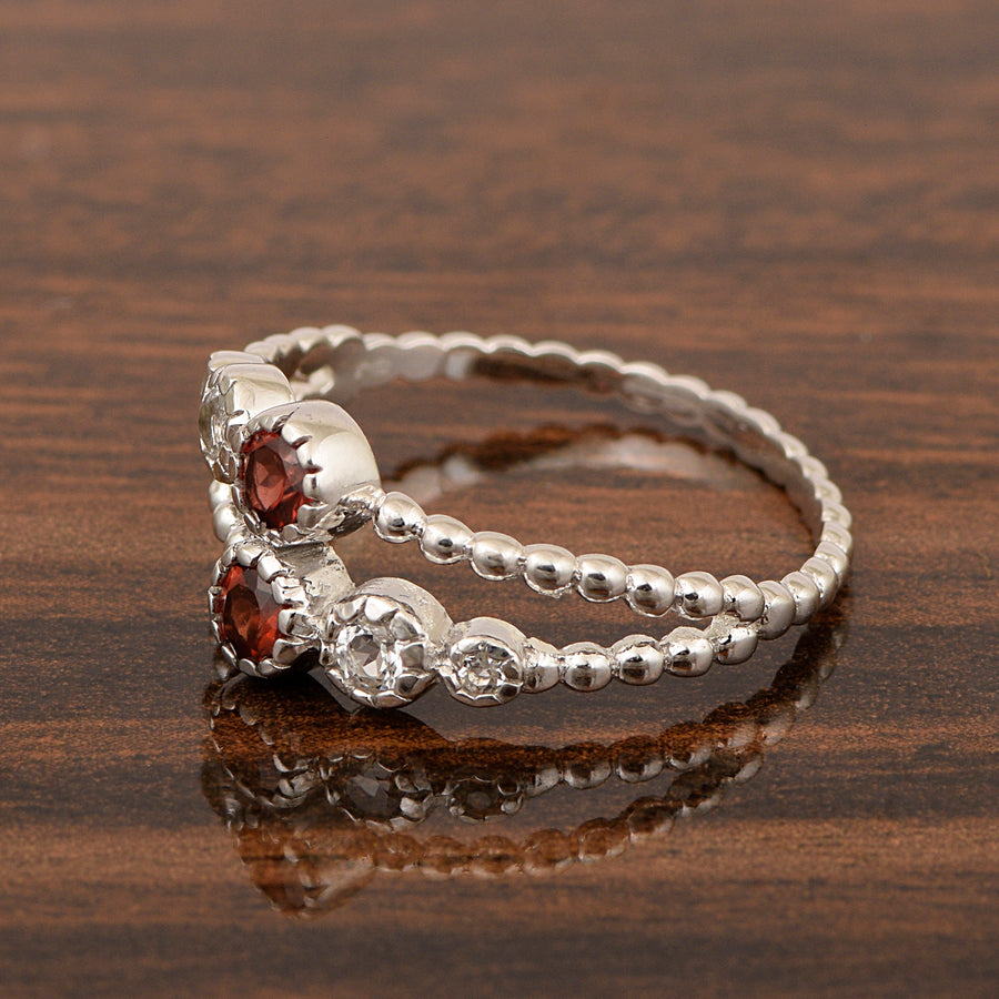 Garnet Double Row Beaded Band Ring -Sterling Silver