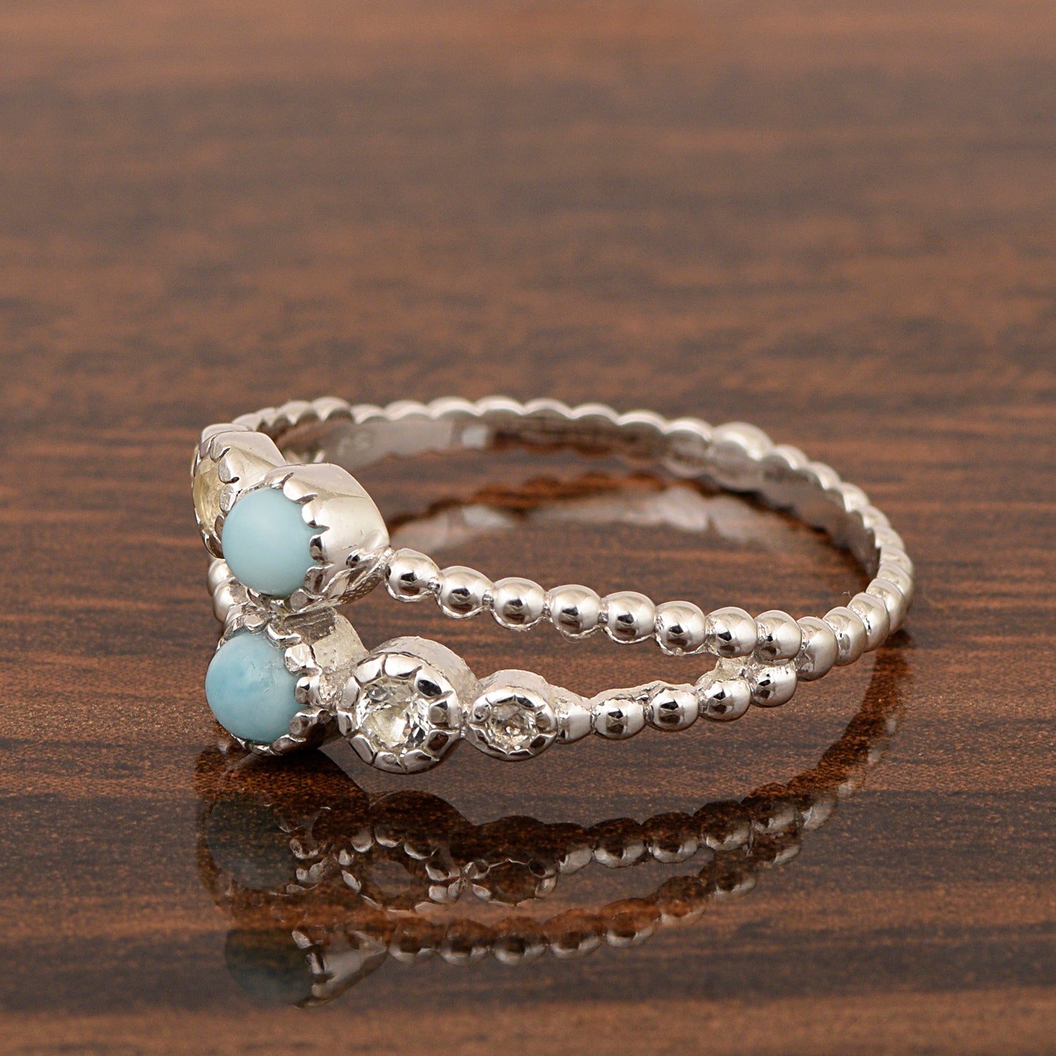 Dual Band Round 0.20 Ctw Larimar 925 Sterling Silver Women Wedding Ring - Kimaya INC