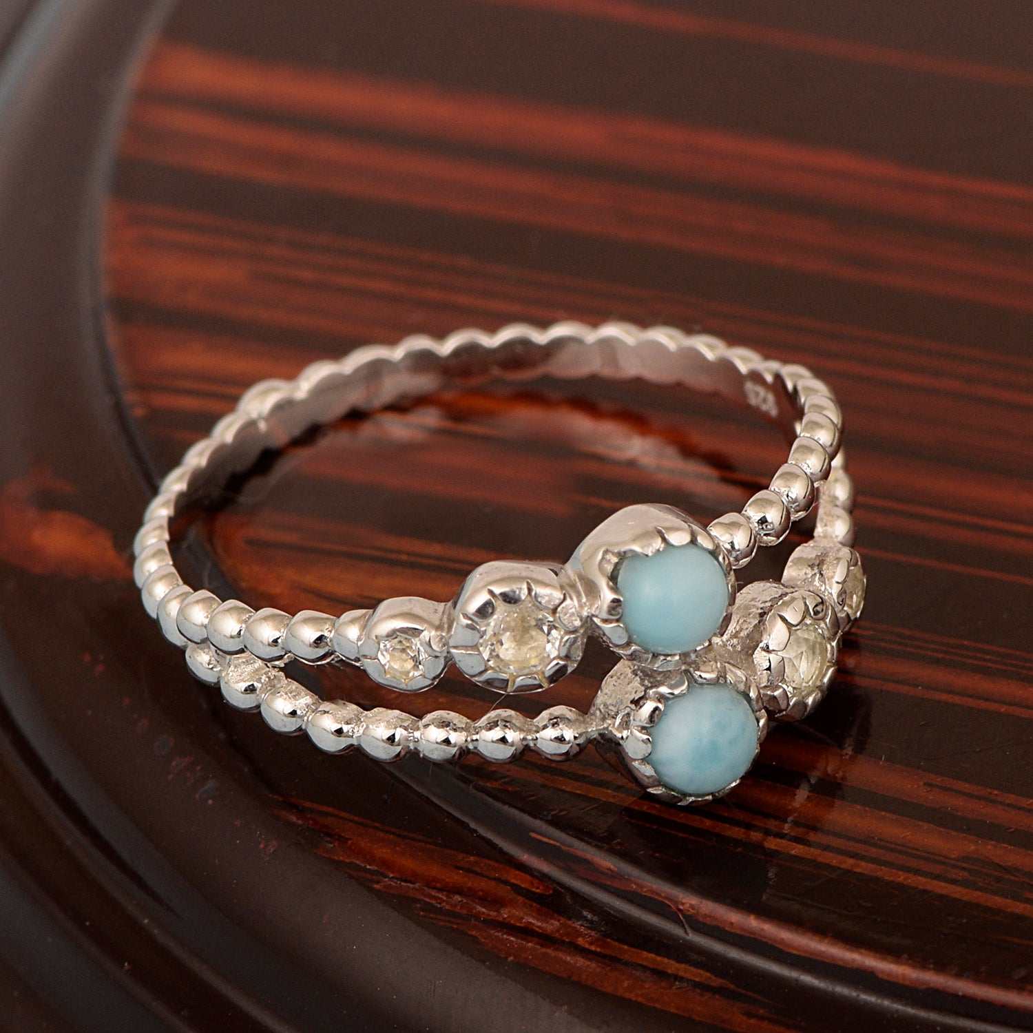 Dual Band Round 0.20 Ctw Larimar 925 Sterling Silver Women Wedding Ring - Kimaya INC