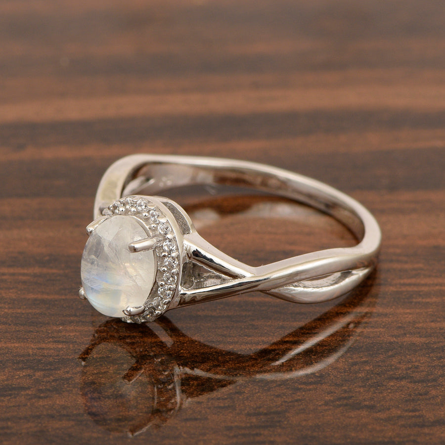 Moonstone Split Shank Halo Ring -Sterling Silver