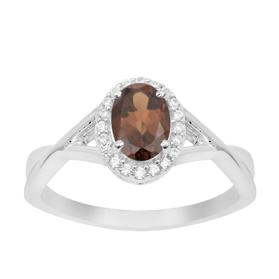 Smoky Quartz Split Shank Halo Ring -Sterling Silver