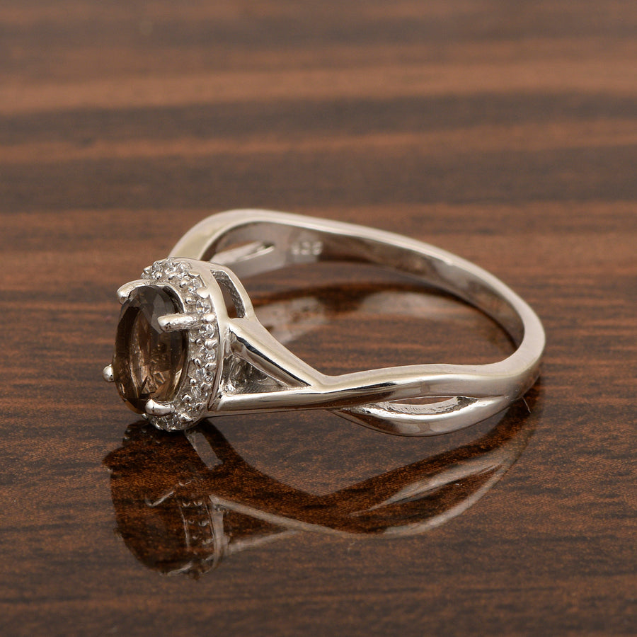 Smoky Quartz Split Shank Halo Ring -Sterling Silver