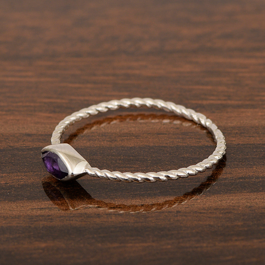 Amethyst Solitaire Twisted Rope Ring -Sterling Silver