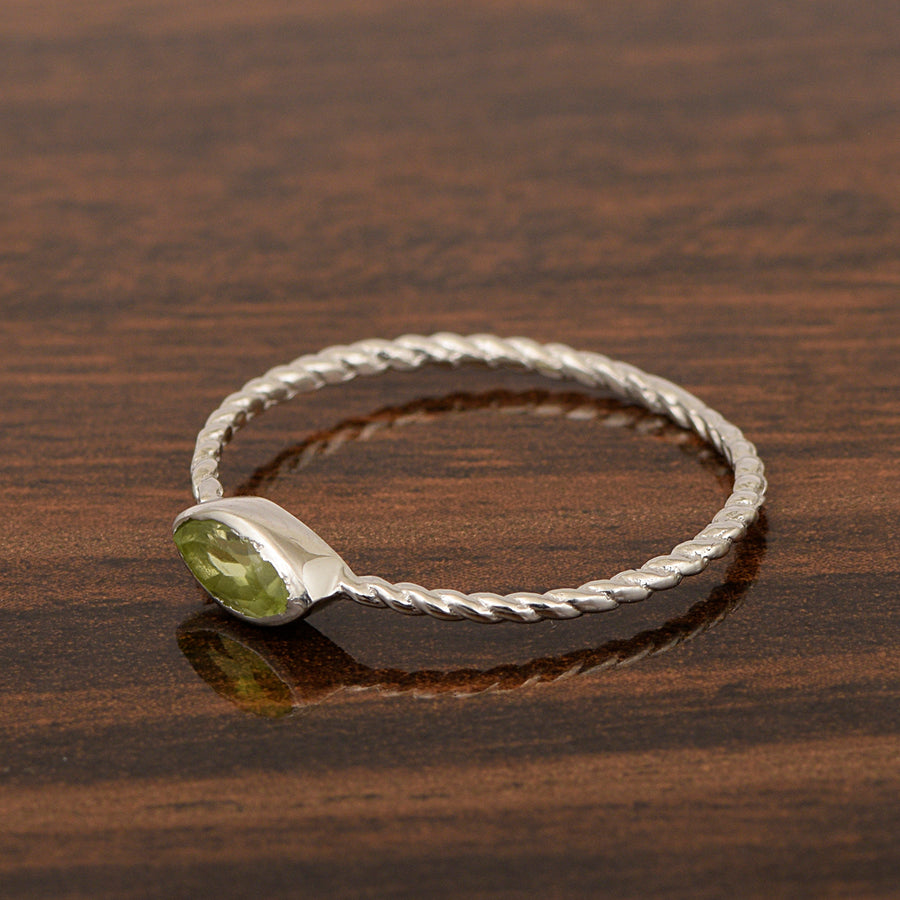 Peridot Solitaire Twisted Rope Ring -Sterling Silver