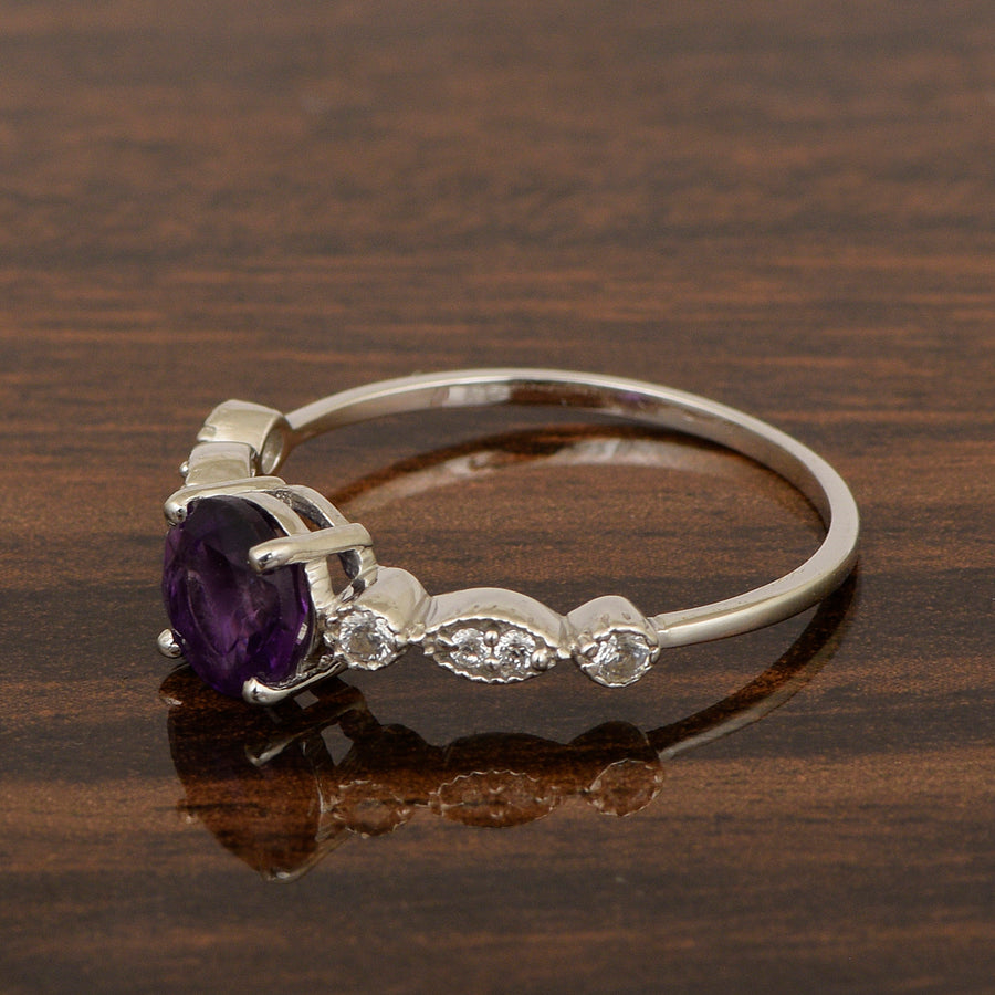 Amethyst Twisted Vine Accent Design Ring -Sterling Silver