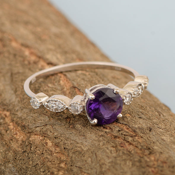 925 Sterling Silver Solitaire Round 6mm Amethyst Women Ring - Kimaya INC