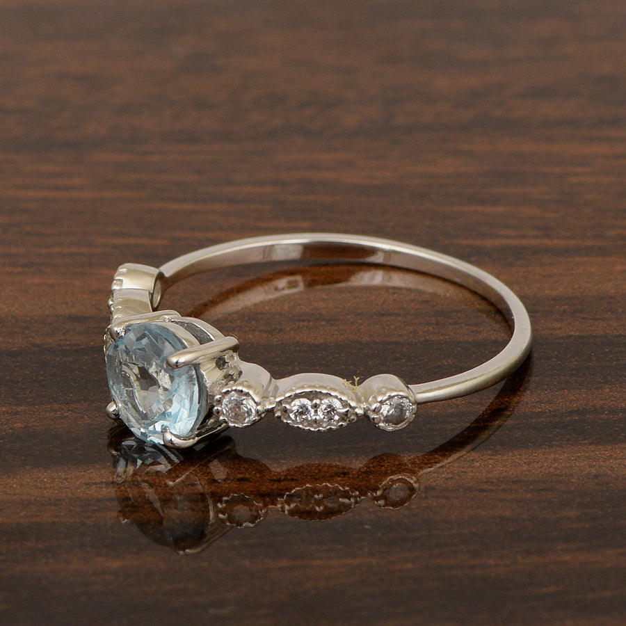 Aquamarine Twisted Vine Accent Design Ring -Sterling Silver