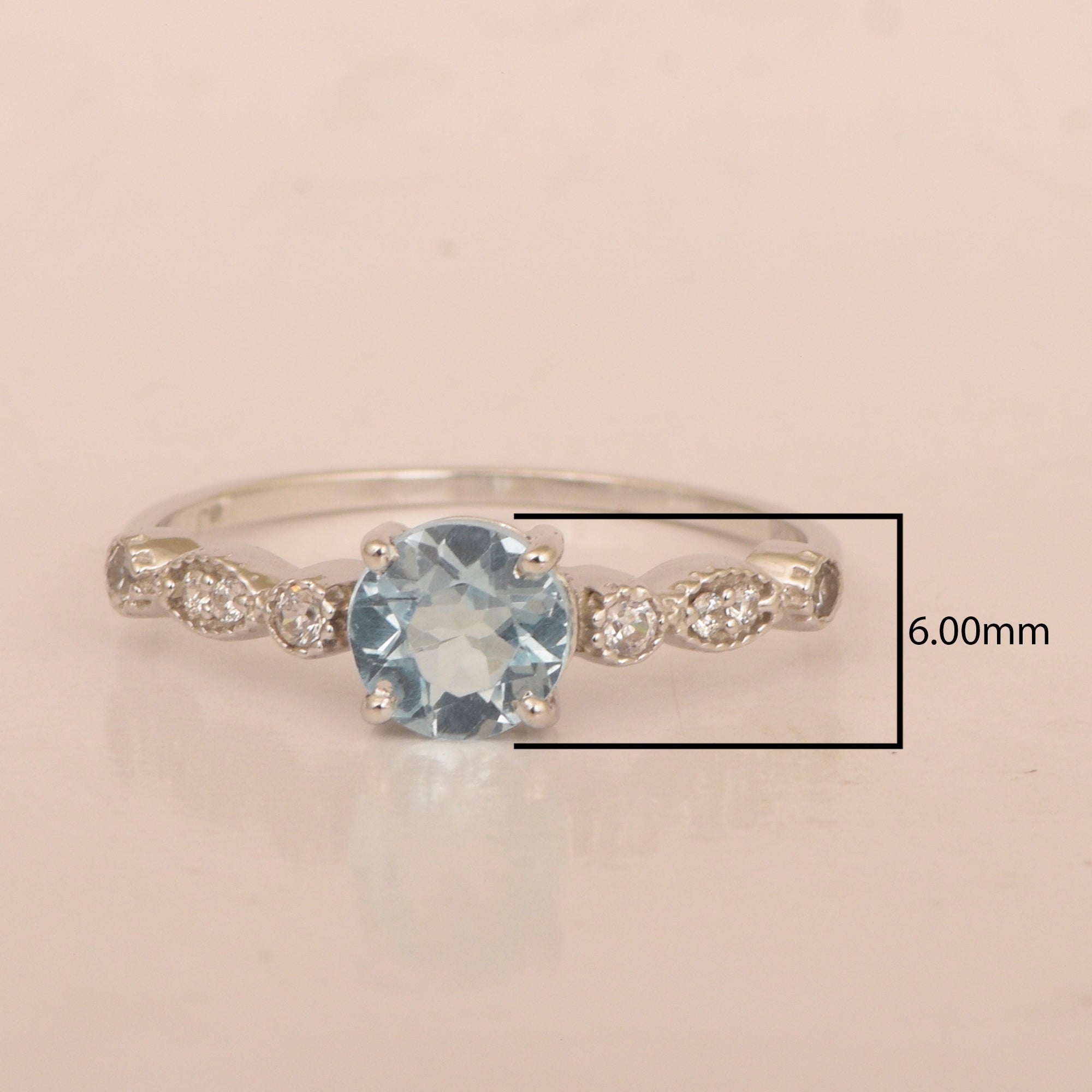 925 Sterling Silver Solitaire Round 6mm Aquamarine Women Ring - Kimaya INC