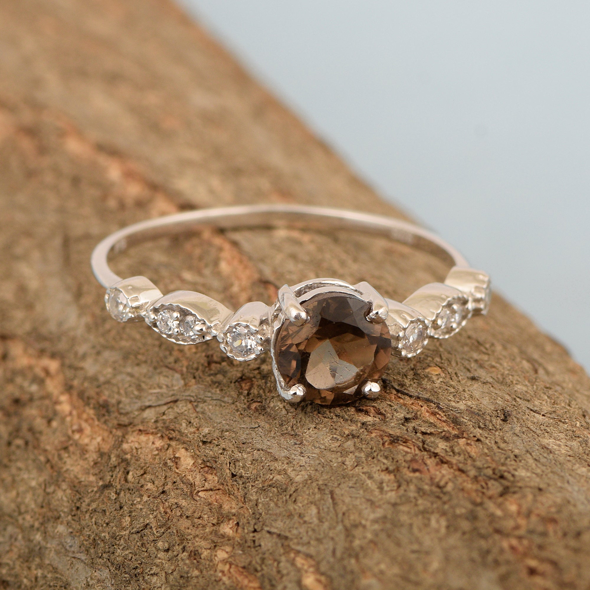 925 Sterling Silver Solitaire Round 6mm Smoky Quartz Women Ring - Kimaya INC